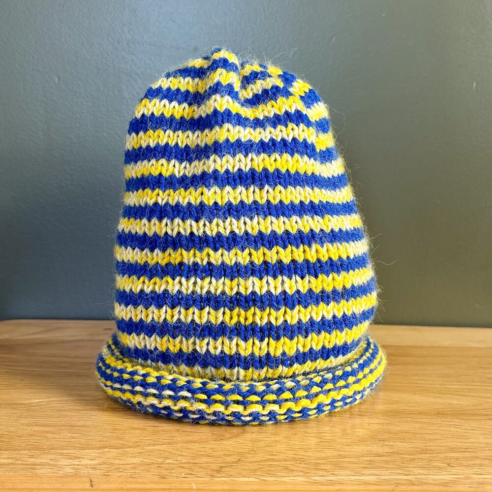 Handmade Knit Blue Yellow Striped Rolled Brim Beanie Hat One Size